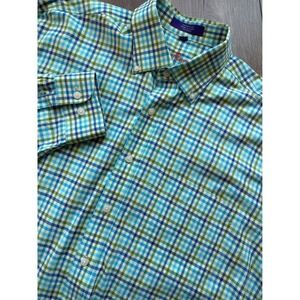 Alan Flusser Mens Blue Green Plaid Cotton Button Down Shirt Large‎
